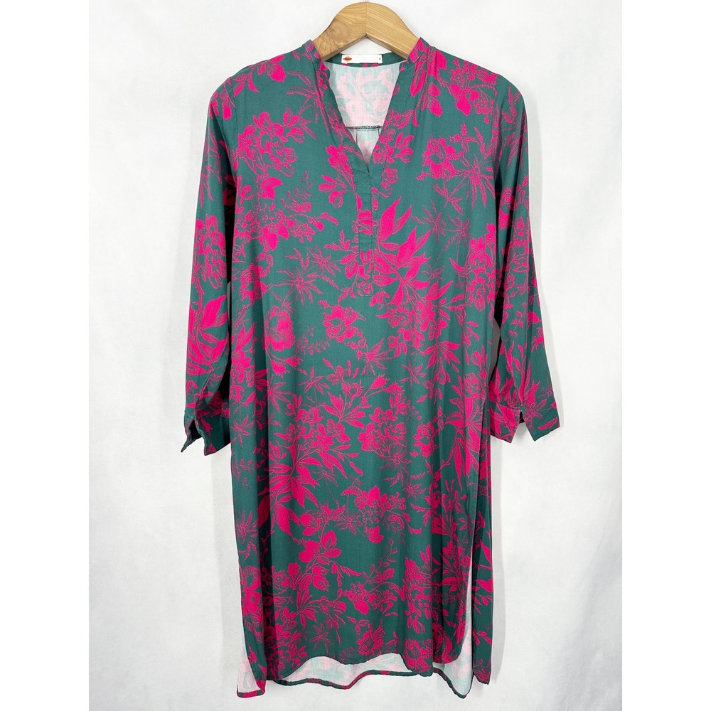 Khaadi Long Sleeve Floral Gray Fuchsia Pink Indian Tunic Dress Womens Size 12
